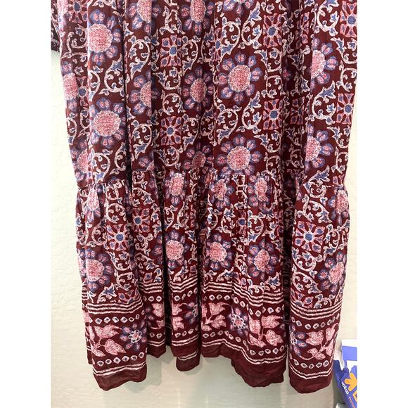 AERIE | Boho Floral Tiered Midi Dress Burgundy Pink Long Sleeve | XL - Picture 4 of 6